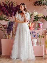 Color=White | Elegant Simple Deep V Neck A-Line Lace & Tulle Wedding Dress-White 1