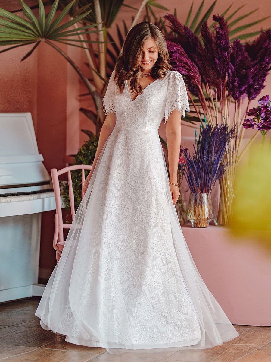 Color=White | Elegant Simple Deep V Neck A-Line Lace & Tulle Wedding Dress-White 2