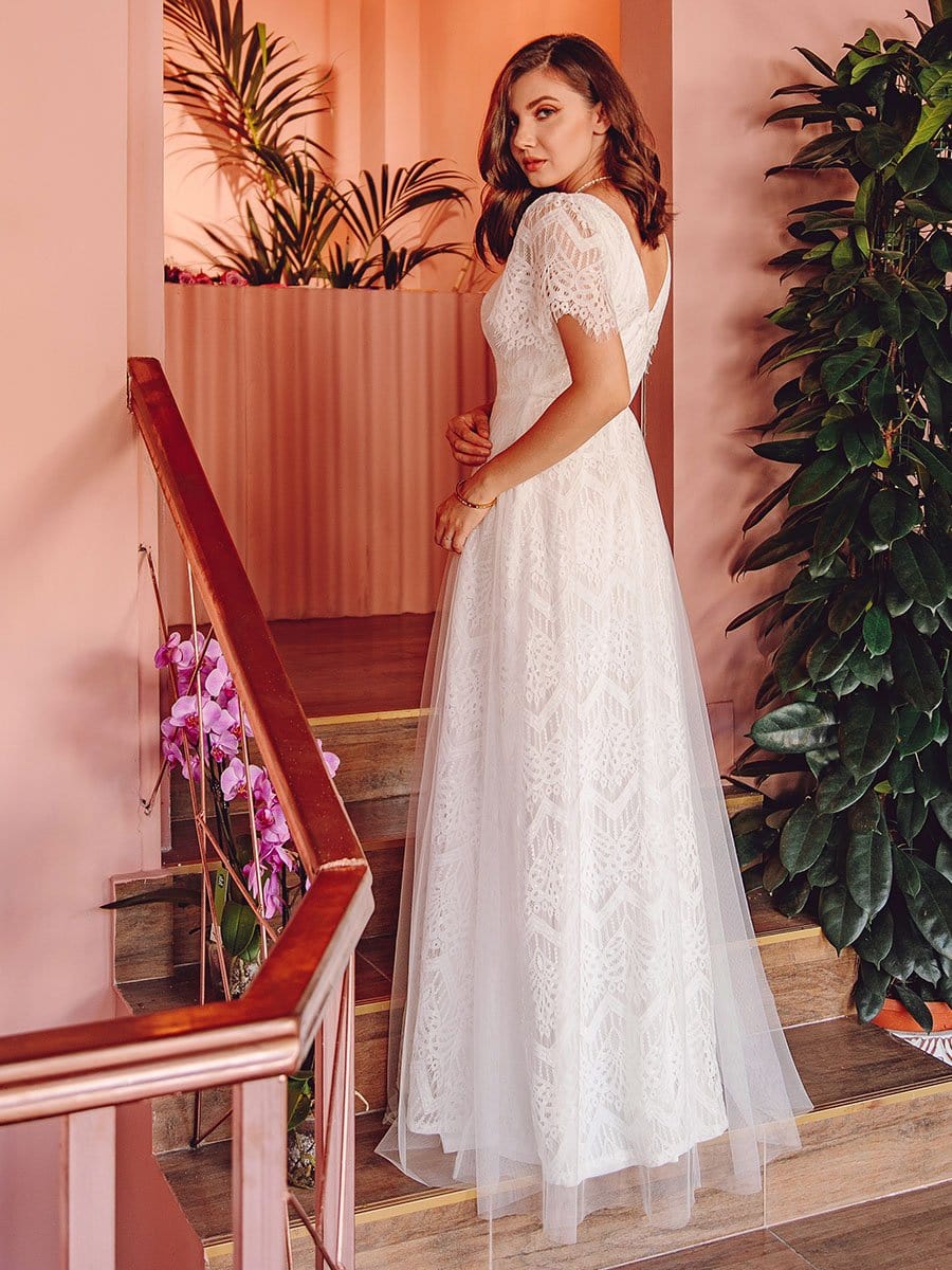 Color=White | Elegant Simple Deep V Neck A-Line Lace & Tulle Wedding Dress-White 4