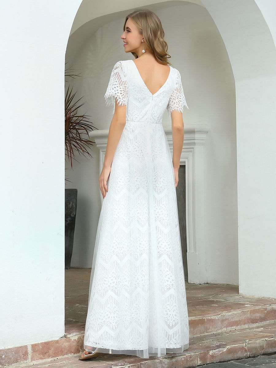 Color=White | Elegant Simple Deep V Neck A-Line Lace & Tulle Wedding Dress-White 14