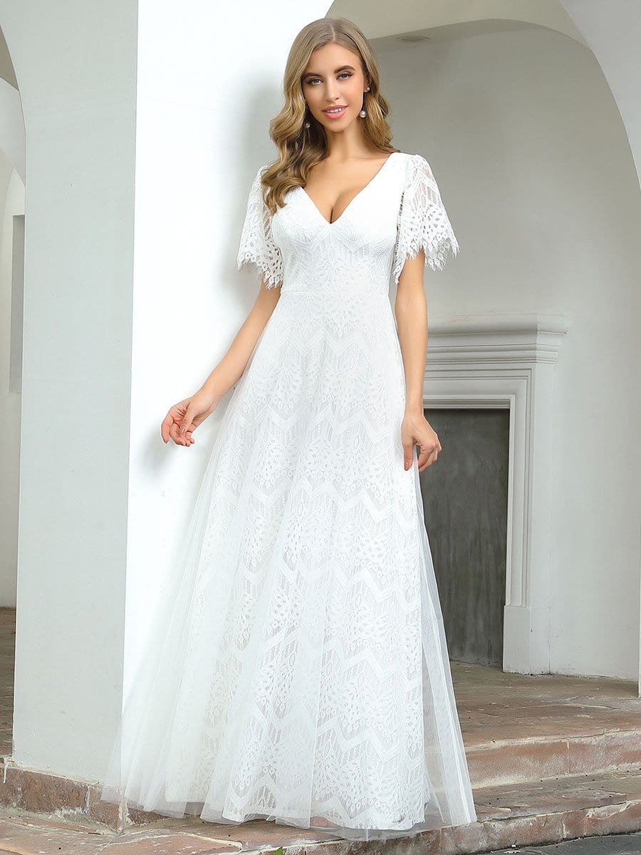 Color=White | Elegant Simple Deep V Neck A-Line Lace & Tulle Wedding Dress-White 15