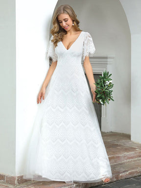 Color=White | Elegant Simple Deep V Neck A-Line Lace & Tulle Wedding Dress-White 16