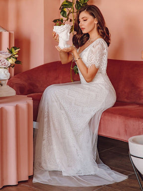 Color=White | Elegant Simple Deep V Neck A-Line Lace & Tulle Wedding Dress-White 5