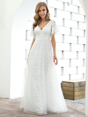 Color=White | Elegant Simple Deep V Neck A-Line Lace & Tulle Wedding Dress-White 13