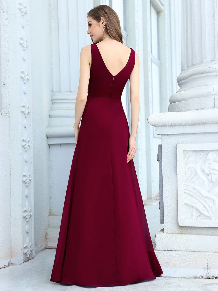Color=Burgundy | Women'S Floor Length A-Line Evening Dress With Appliqued Bust-Burgundy 2