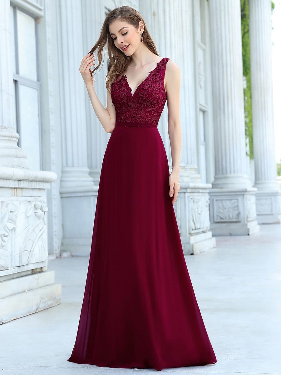 Color=Burgundy | Women'S Floor Length A-Line Evening Dress With Appliqued Bust-Burgundy 3