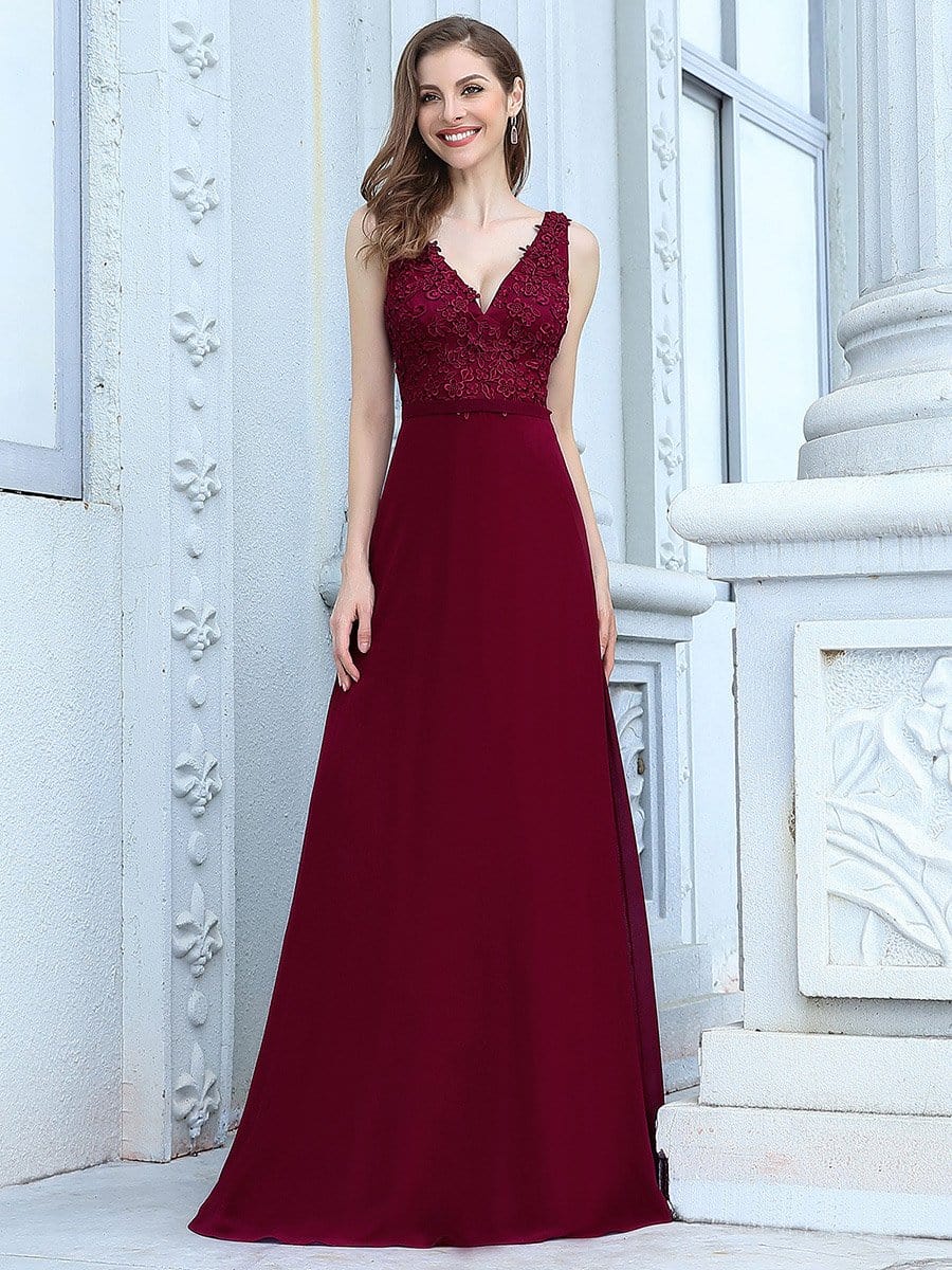 Color=Burgundy | Women'S Floor Length A-Line Evening Dress With Appliqued Bust-Burgundy 4