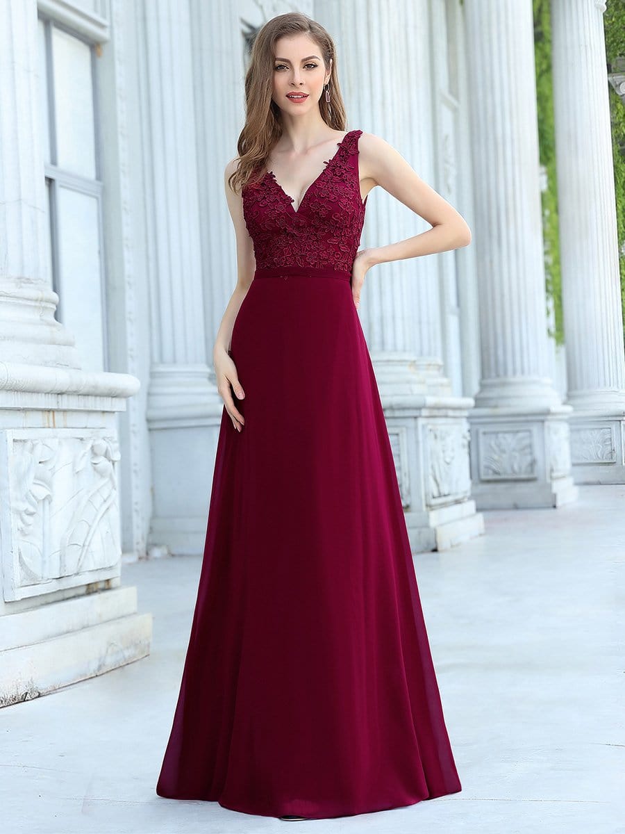 Color=Burgundy | Women'S Floor Length A-Line Evening Dress With Appliqued Bust-Burgundy 1