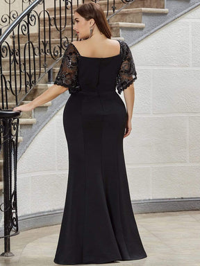 Color=Black | Elegant Plus Size V Neck Fishtail Evening Dress For Women-Black 2