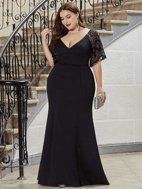 Color=Black | Elegant Plus Size V Neck Fishtail Evening Dress For Women-Black 3