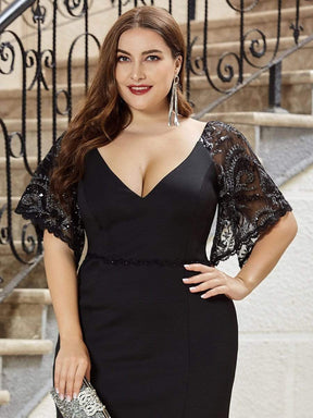 Color=Black | Elegant Plus Size V Neck Fishtail Evening Dress For Women-Black 5
