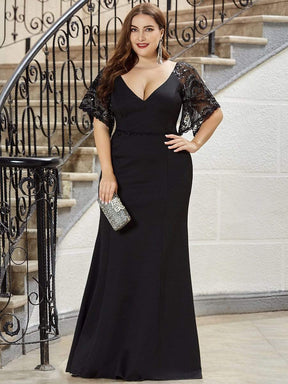 Color=Black | Sexy Maxi V Neck Bodycon Party Dress With Flare Sleeves-Black 8