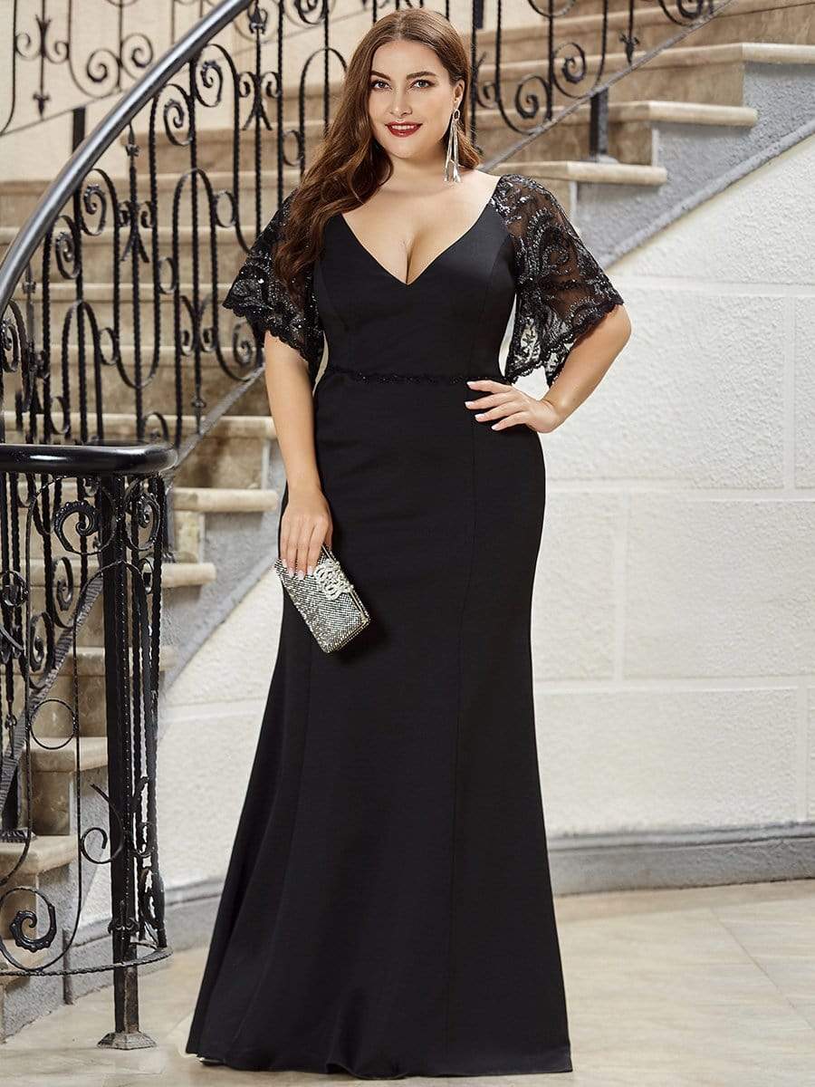 Color=Black | Elegant Plus Size V Neck Fishtail Evening Dress For Women-Black 1