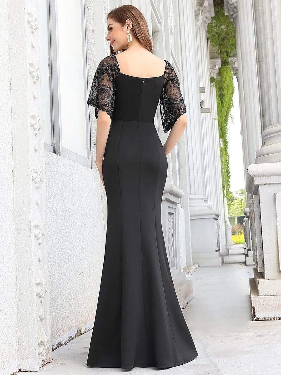 Color=Black | Sexy Maxi V Neck Bodycon Party Dress With Flare Sleeves-Black 7