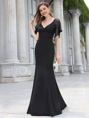 Color=Black | Sexy Maxi V Neck Bodycon Party Dress With Flare Sleeves-Black 6