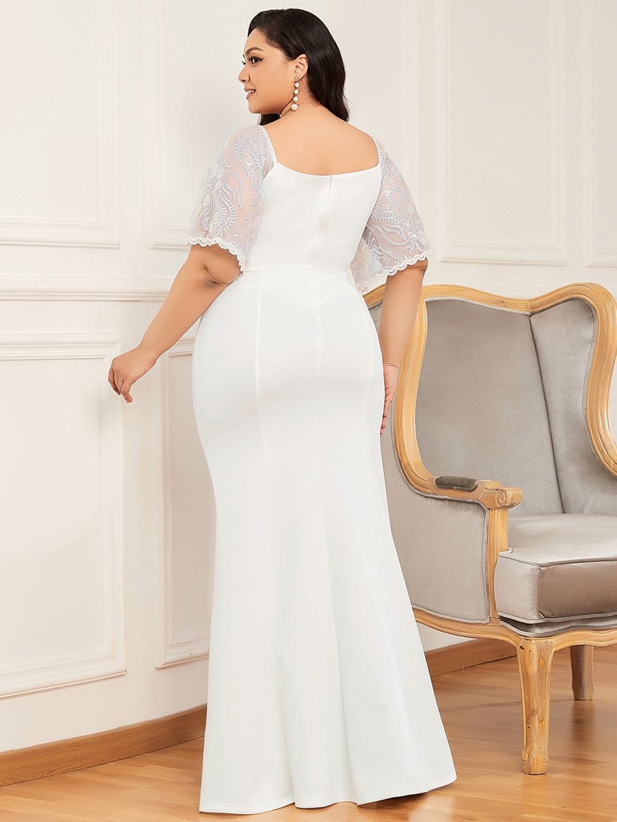 Color=Cream | Elegant Plus Size V Neck Fishtail Evening Dress For Women-Cream 2