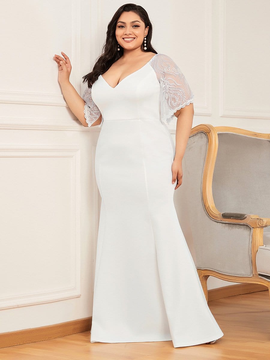 Color=Cream | Elegant Plus Size V Neck Fishtail Evening Dress For Women-Cream 4