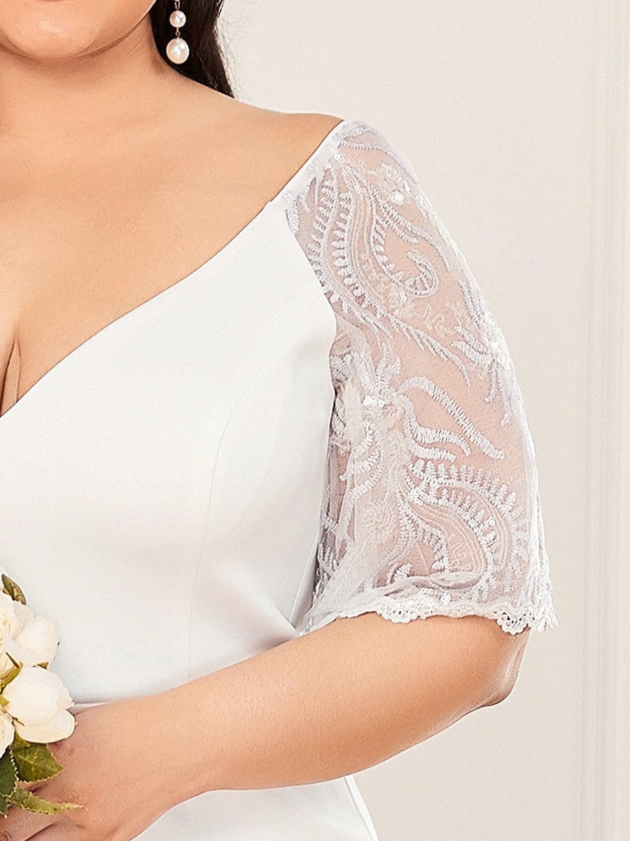Color=Cream | Elegant Plus Size V Neck Fishtail Evening Dress For Women-Cream 3
