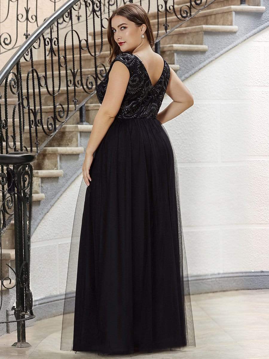 Color=Black | Women'S A-Line Deep V Neck Evening Dress With Sequin-Black 2
