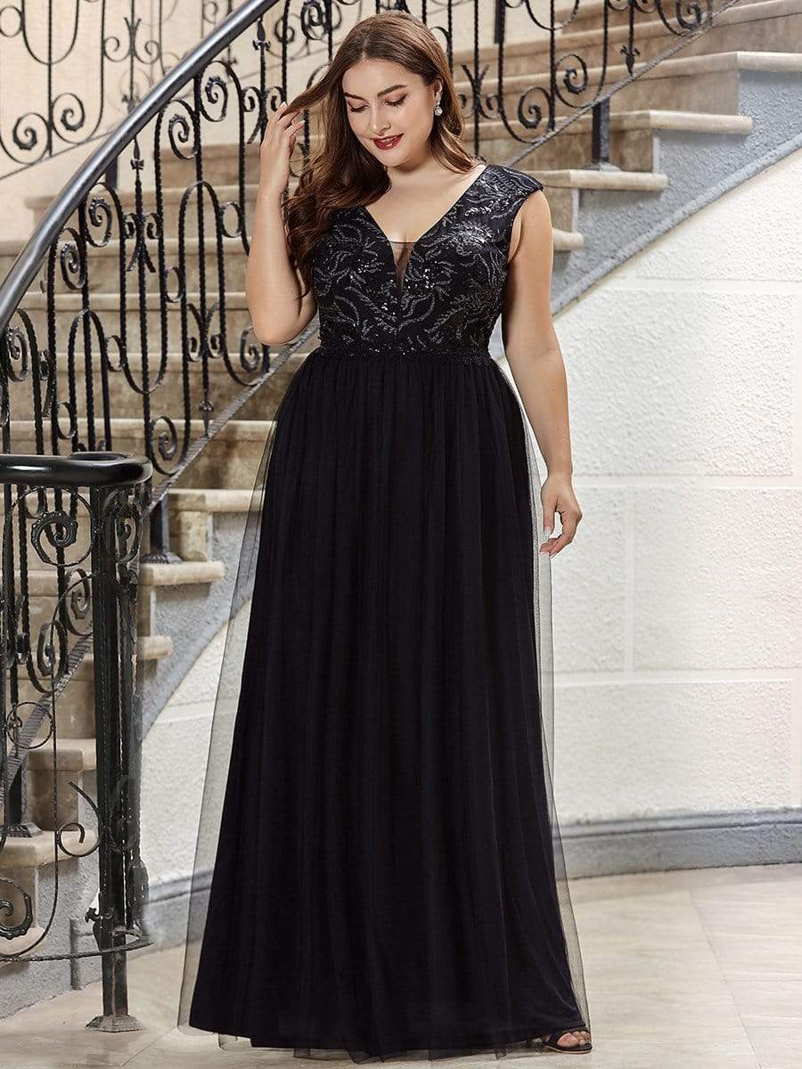 Color=Black | Women'S A-Line Deep V Neck Evening Dress With Sequin-Black 3