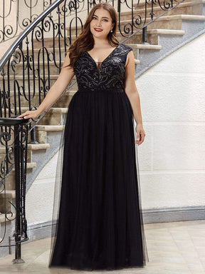 Color=Black | Women'S A-Line Deep V Neck Evening Dress With Sequin-Black 4