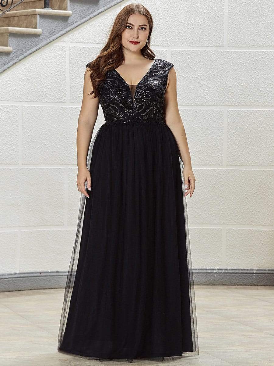 Color=Black | Women'S A-Line Deep V Neck Evening Dress With Sequin-Black 1