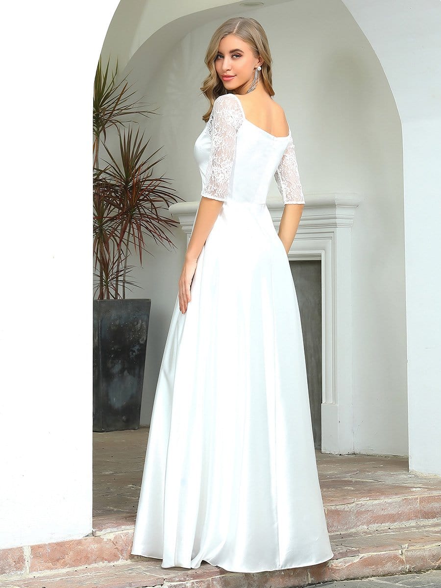 Color=White | Elegant Floor Length A-Line Wedding Dress For Women With Lace-White 2