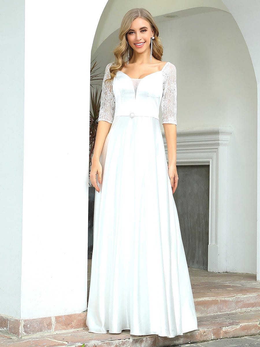 Color=White | Elegant Floor Length A-Line Wedding Dress For Women With Lace-White 4