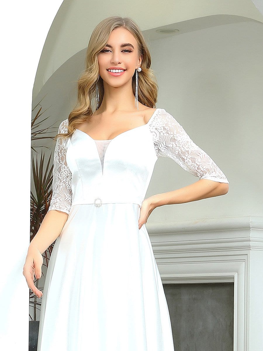 Color=White | Elegant Floor Length A-Line Wedding Dress For Women With Lace-White 5