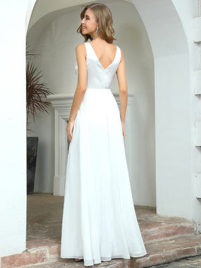 Color=Cream | Simple V Neck Sleeveless Wedding Dress With Pleated Design-Cream 4