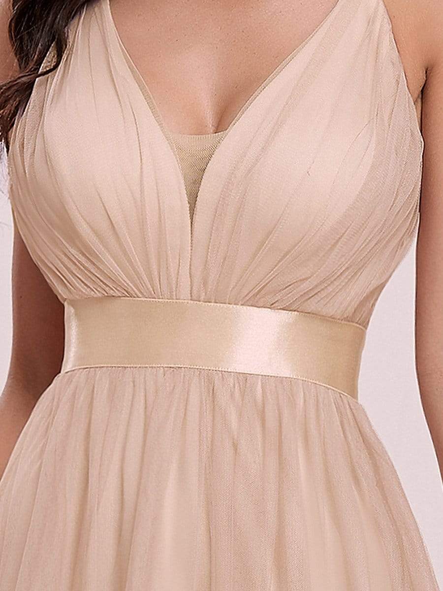 Color=Blush | Sexy Floor Length Deep V-Neck A-Line Tulle Backless Evening Dresses-Blush 8
