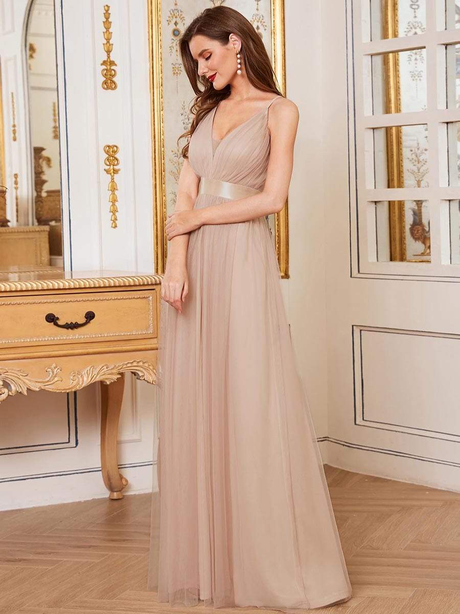 Color=Blush | Sexy Floor Length Deep V-Neck A-Line Tulle Backless Evening Dresses-Blush 3
