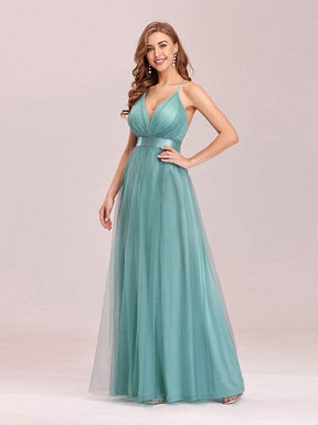 Color=Dusty Blue | Sexy Floor Length Deep V-Neck A-Line Tulle Backless Evening Dresses-Dusty Blue 3