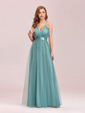 Color=Dusty Blue | Sexy Floor Length Deep V-Neck A-Line Tulle Backless Evening Dresses-Dusty Blue 4