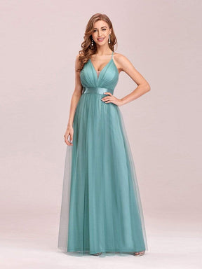 Color=Dusty Blue | Sexy Floor Length Deep V-Neck A-Line Tulle Backless Evening Dresses-Dusty Blue 1