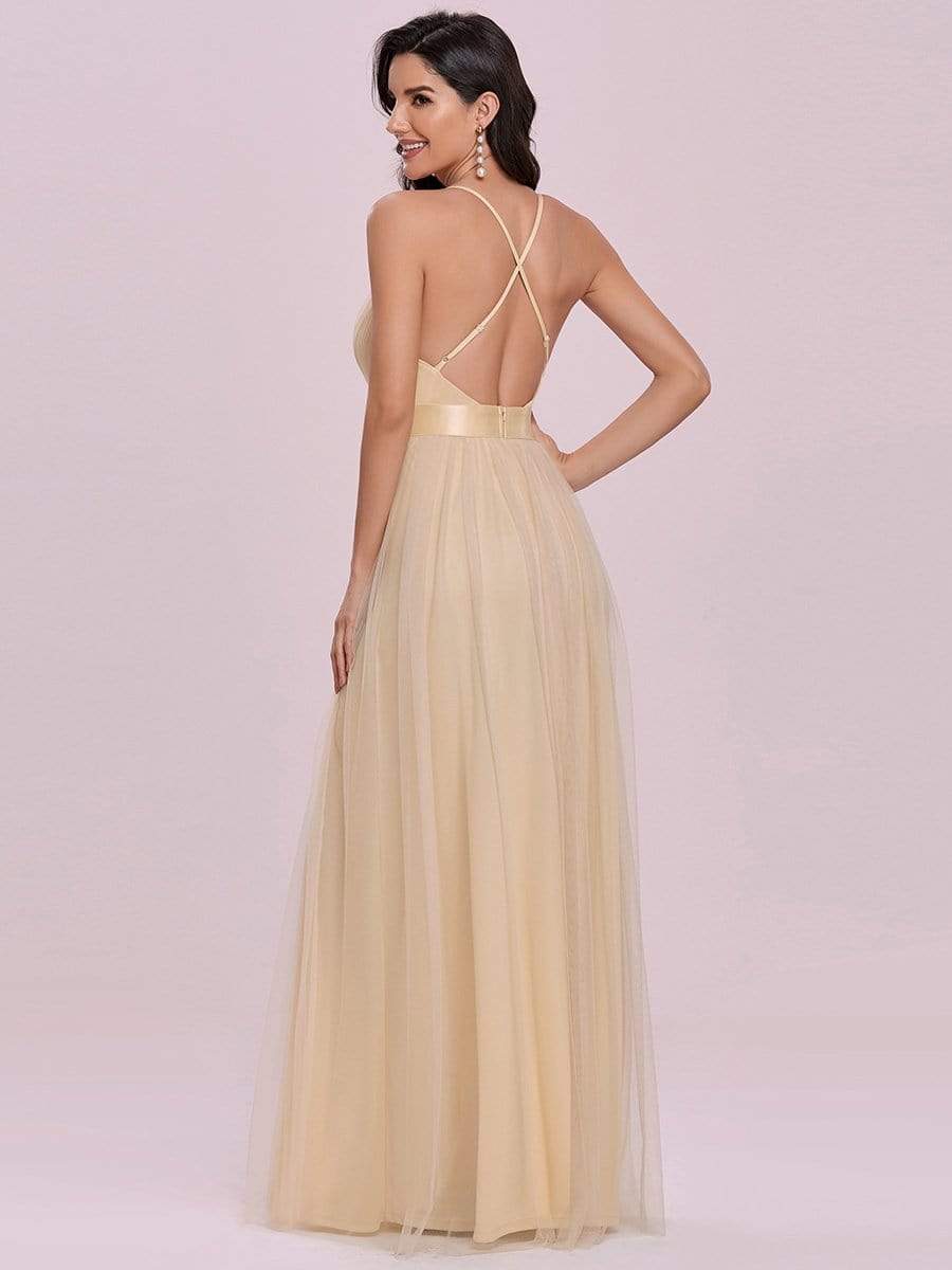 Color=Gold | Sexy Floor Length Deep V-Neck A-Line Tulle Backless Evening Dresses-Gold 4