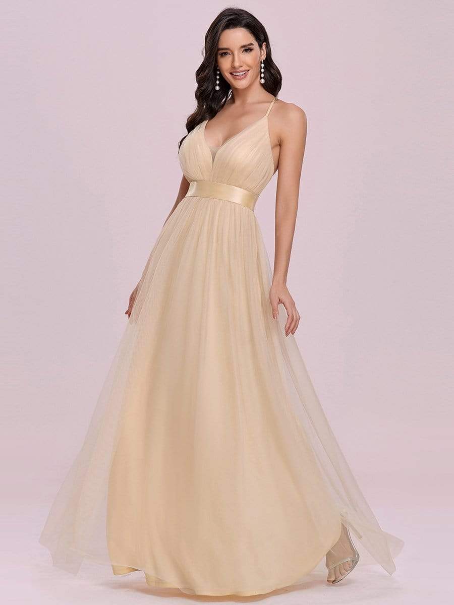 Color=Gold | Sexy Floor Length Deep V-Neck A-Line Tulle Backless Evening Dresses-Gold 5