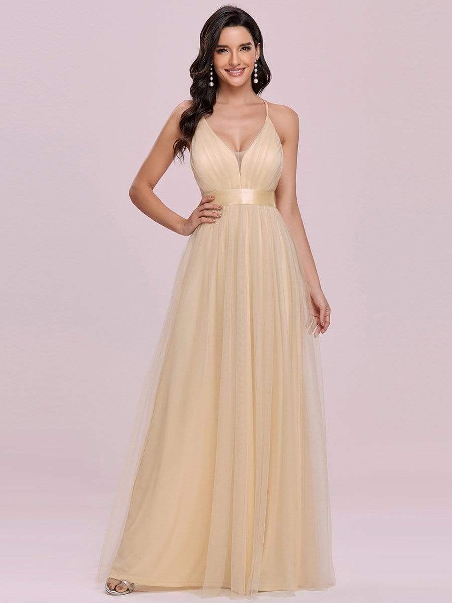 Color=Gold | Sexy Floor Length Deep V-Neck A-Line Tulle Backless Evening Dresses-Gold 3