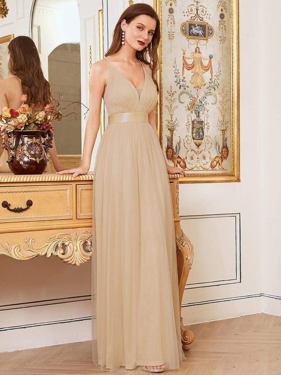 Sexy Floor Length Deep V neck A line Tulle Backless Evening Dresses