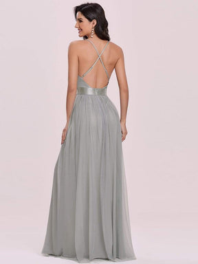 Color=Grey | Sexy Floor Length Deep V-Neck A-Line Tulle Backless Evening Dresses-Grey 4