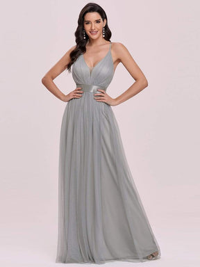 Color=Grey | Sexy Floor Length Deep V-Neck A-Line Tulle Backless Evening Dresses-Grey 3