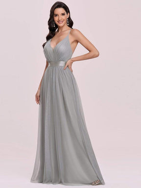 Color=Grey | Sexy Floor Length Deep V-Neck A-Line Tulle Backless Evening Dresses-Grey 5