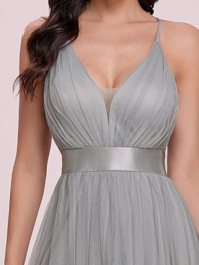 Color=Grey | Sexy Floor Length Deep V-Neck A-Line Tulle Backless Evening Dresses-Grey 6