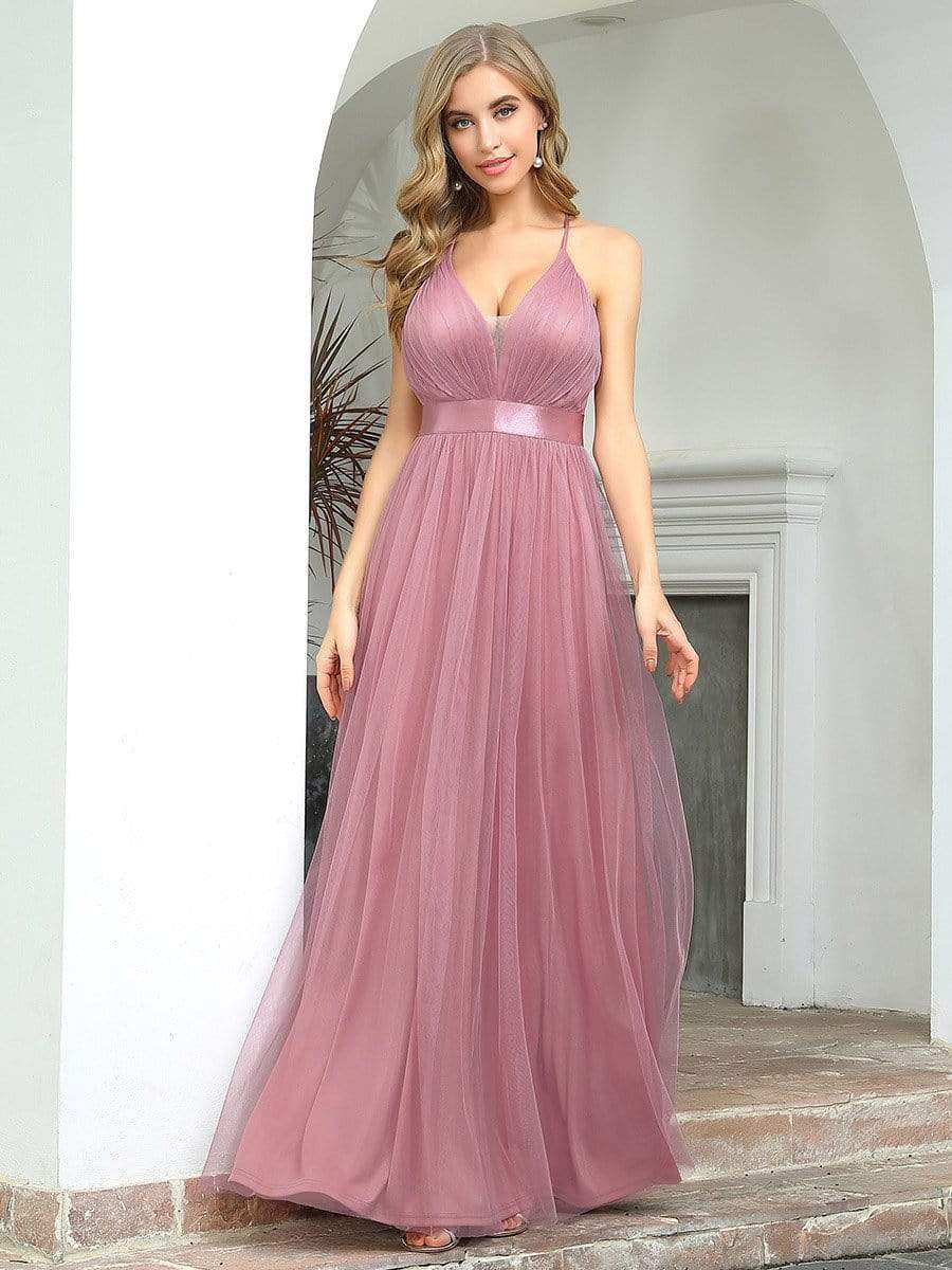 Color=Purple Orchid | Sexy Floor Length Deep V-Neck A-Line Tulle Backless Evening Dresses-Purple Orchid 3