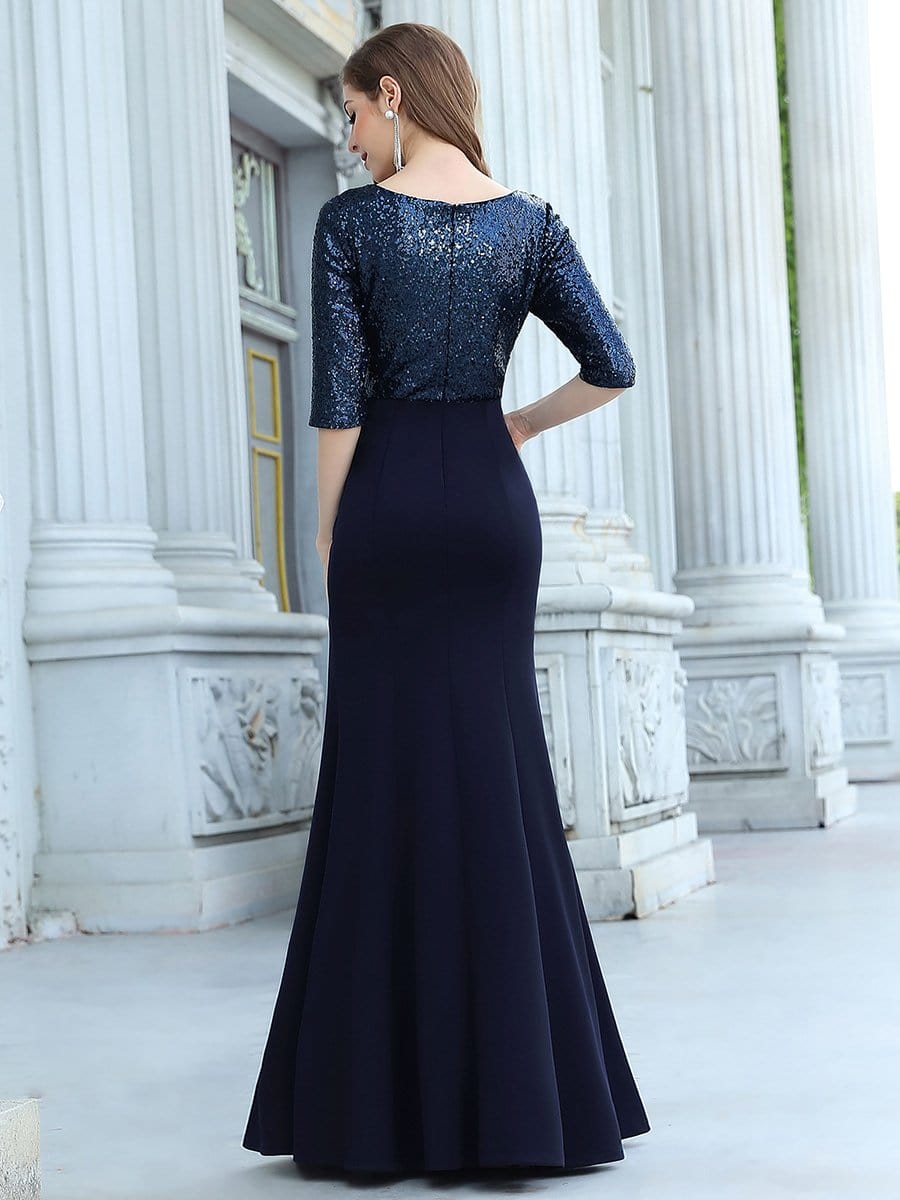 Color=Navy Blue | Elegant Deep V-Neck Fishtail Evening Dresses With Sequins-Navy Blue 2