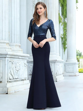 Color=Navy Blue | Elegant Deep V-Neck Fishtail Evening Dresses With Sequins-Navy Blue 4