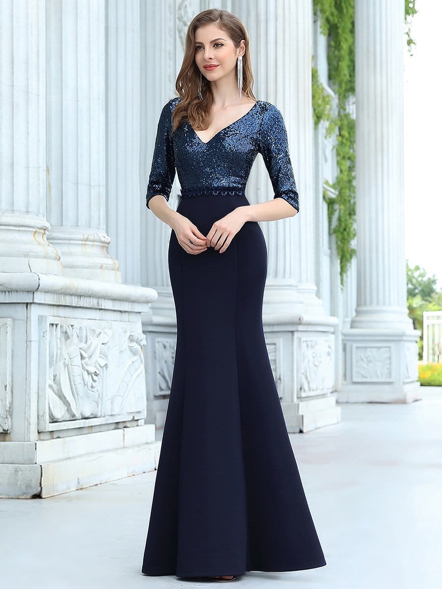 Color=Navy Blue | Elegant Deep V-Neck Fishtail Evening Dresses With Sequins-Navy Blue 4