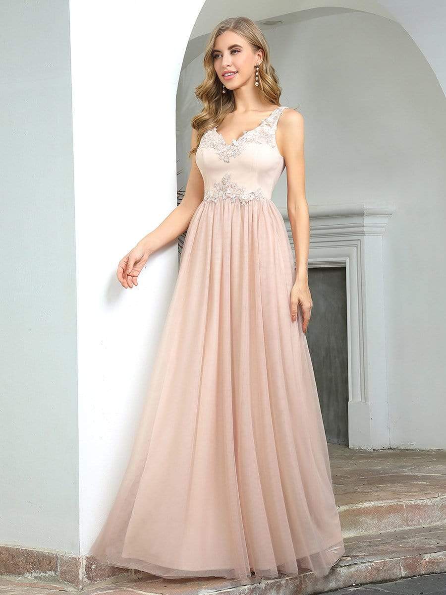 Color=Blush | Sexy Deep V-Neck Tulle Evening Dress With Floor-Length And A-Line Silhouette-Blush 3