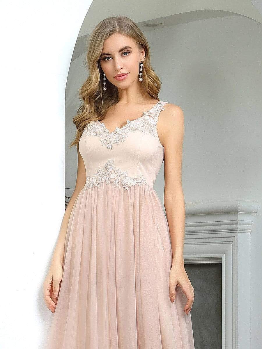 Color=Blush | Sexy Deep V-Neck Tulle Evening Dress With Floor-Length And A-Line Silhouette-Blush 5