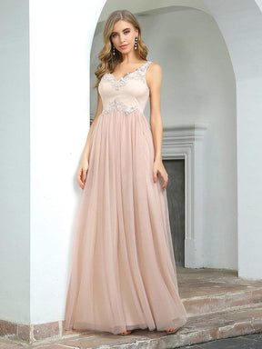 Color=Blush | Sexy Deep V-Neck Tulle Evening Dress With Floor-Length And A-Line Silhouette-Blush 1